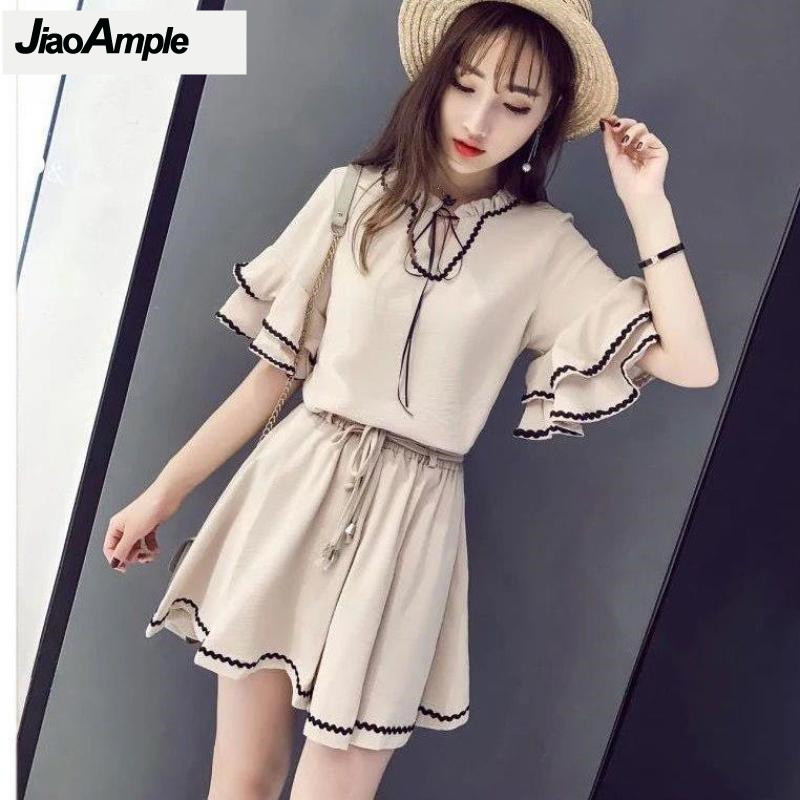 Korean Lifestyle - 女性用シフォンブラウスとパンツのセット,ヴィンテージセット,蓮の葉の袖,ショーツスーツ,エレガントな服,韓国のファッション,夏,新しい,2022, 2個
