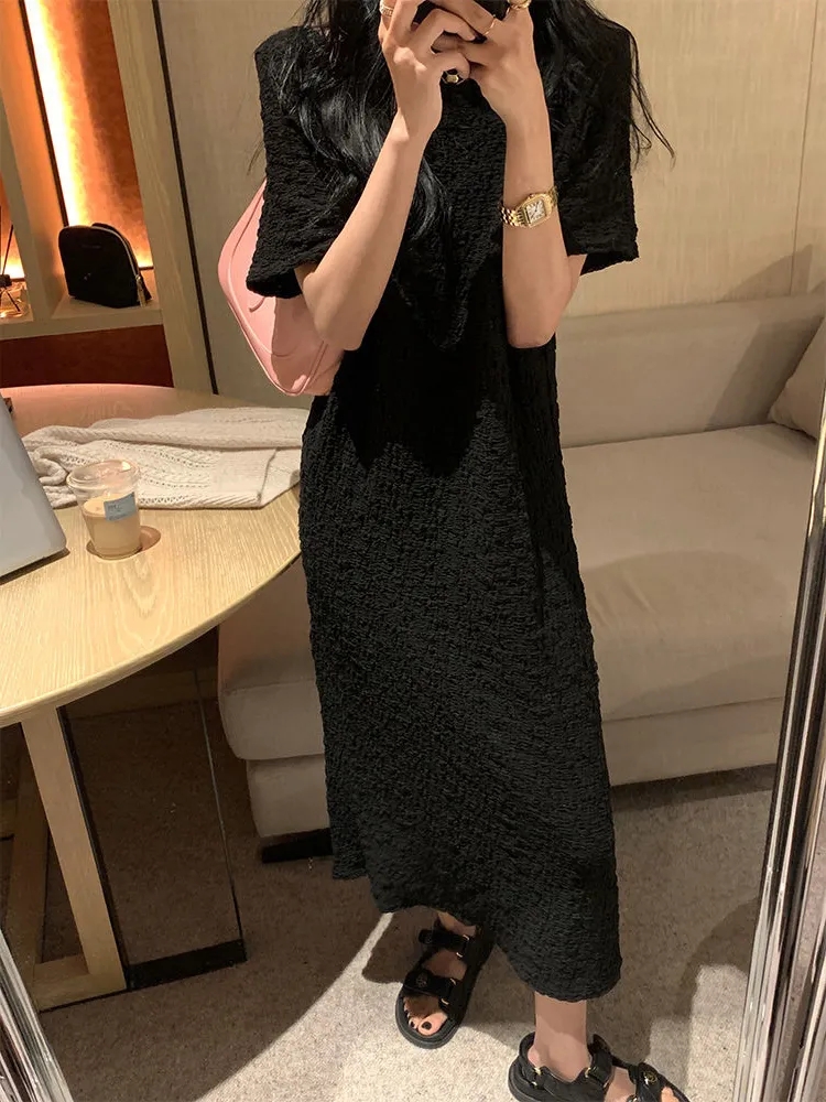 Korean Lifestyle - プラスサイズ 300ポンド ファッショナブルなスリムプリーツ半袖ドレス ゆったりとした夏用アンチエイジングミディTシャツドレス 韓国スタイル