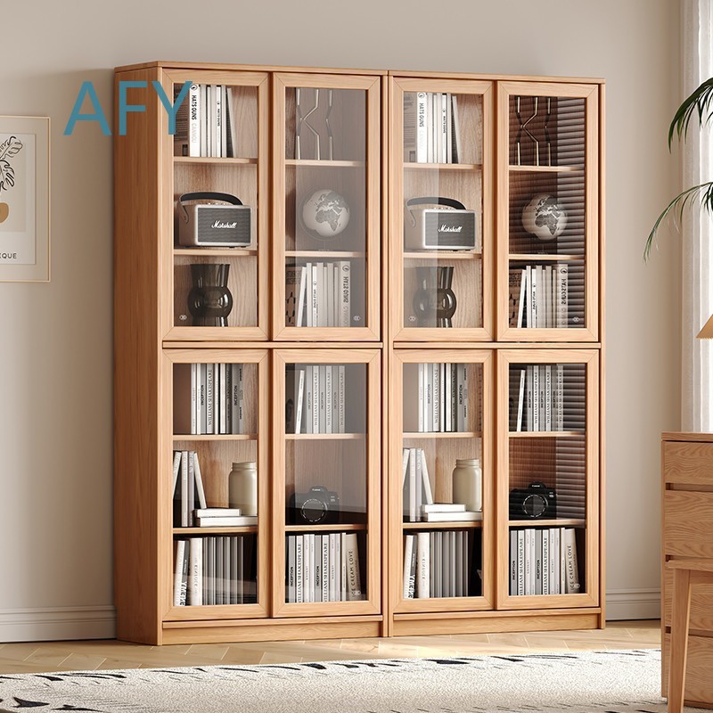 オーク無垢材の本棚、スライド式ガラス扉と棚付き、モダンな家の - Muji Home Storage のレビューと価格