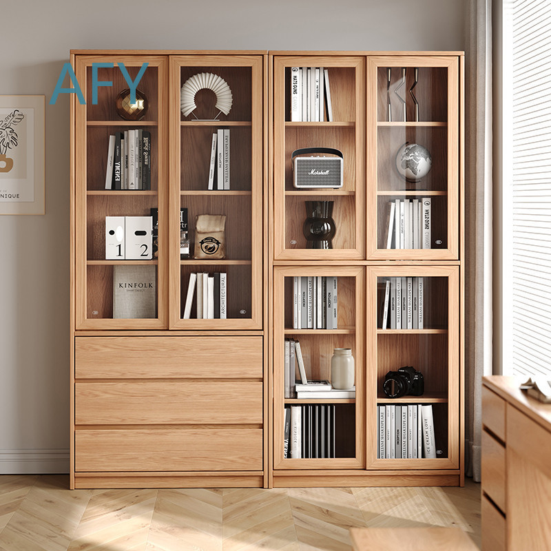 オーク無垢材の本棚、スライド式ガラス扉と棚付き、モダンな家の - Muji Home Storage のレビューと価格