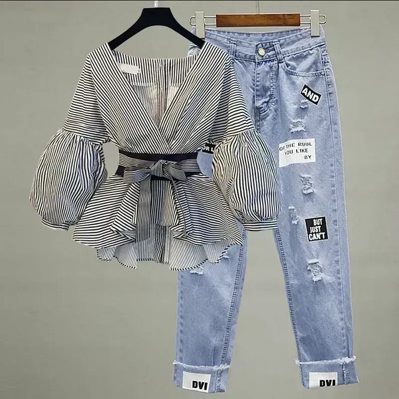女性エレガントな V ネックストライプランタンスリーブボウベ - Korean Lifestyle のレビューと価格